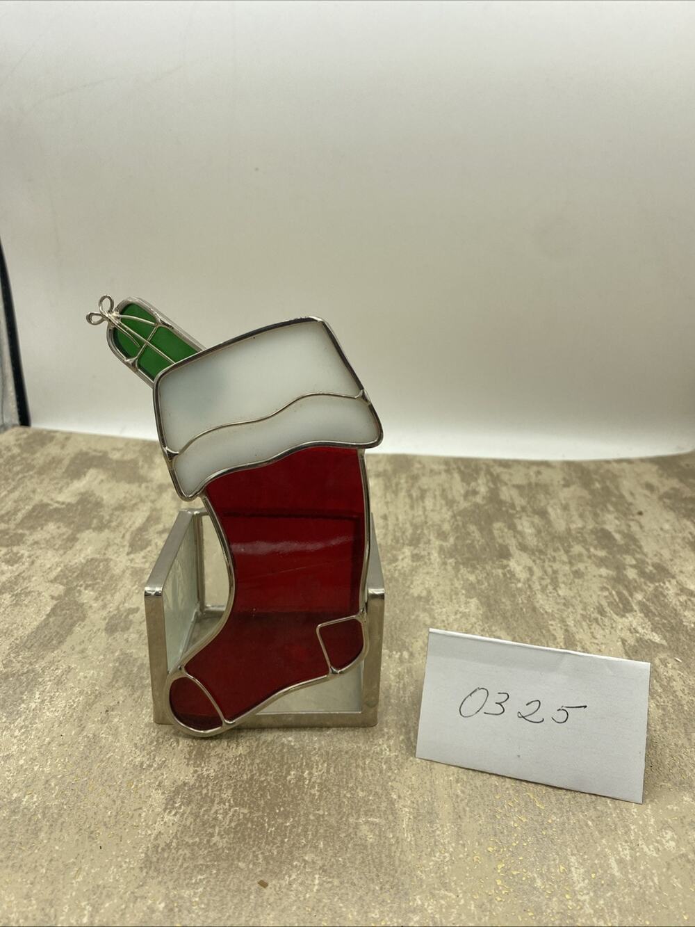 VINTAGE STAINED GLASS CHRISTMAS STOCKING VOTIVE CANDLE HOLDER 6” Tall